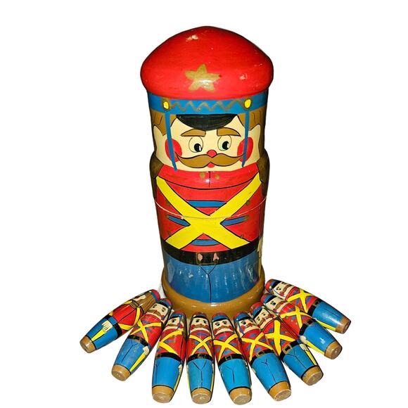 Vintage Christmas Other - Vintage Toy Soldier Nesting Set 9 Pins No Ball Wooden Nutcracker
